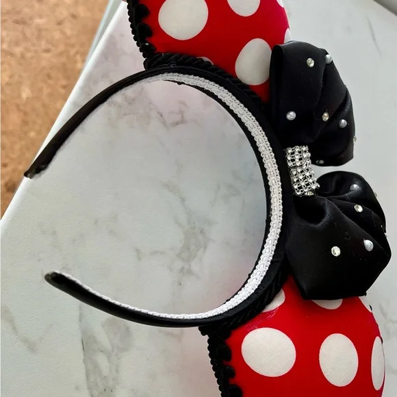 Red Polka Dot Mouse Ears Headband with Black Bow - Picture 3 of 3